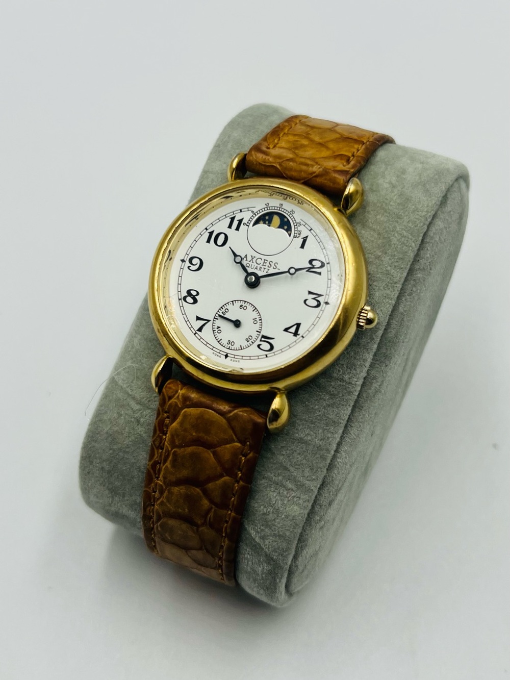 Axcess Gold-Tone Moonphase Watch with Brown Leather Strap
